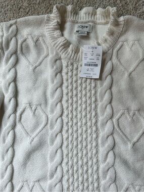 NWT J. Crew Cream Ruffle Neck Cable-Knit Heart Crewneck Sweater
